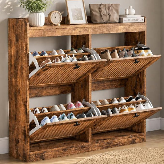 Garvee Shoe Storage Cabinet with 4 Flip Drawers, Wood Shoe Cabinet with Rattan Doors and Adjustable Shelves- Freestanding Shoe Organizer for Entryway, Hallway