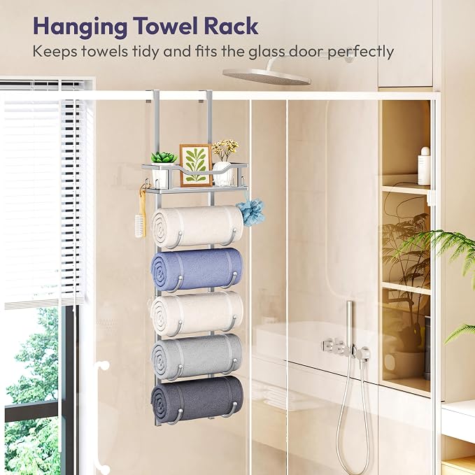 SWTYMIKI Over the Door Towel Rack - 6 Tier Towel Racks for Bathroom Wall Mounted, Towel Holder with Shelf, Hanging Rolled Towel Storage Organizer for Small Bathroom, Camper, RV, Sliver