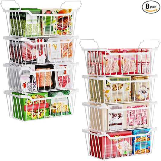SUNALLY Freezer Organizer Bins, 8 Pack Stackable Pantry Storage Bins, White | Chest Freezer Organizer for 5-7 Cu.FT Deep Freezer to Sort Frozen Meats & Food, Wire Baskets for Pantry Organizers & Storage