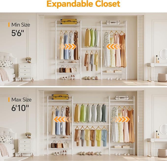 Higeego W3 Wall Mounted Clothes Rack, Industrial Pipe Clothing Rack, White | Wall Mounted Closet Organizer, Expandable Hanger Rods, Adjustable Closet Shelving, Heavy Duty Closet Rack