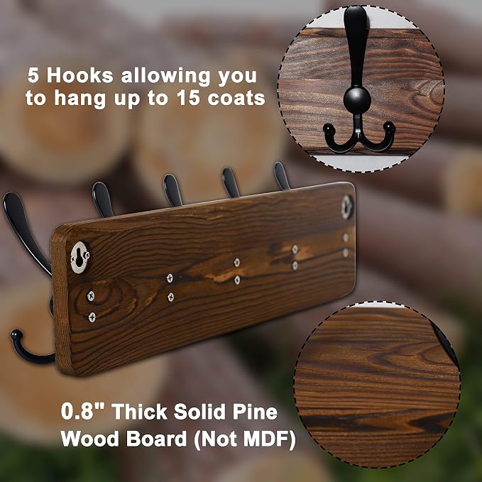 Coat Rack Wall Mount - Heavy-Duty Robust Barnwood-Style Wooden Wall Coat Hanger Hook Rail with 5 Triple Hooks for Winter Coats Hat Jacket Clothing, Weathered Brown & Black