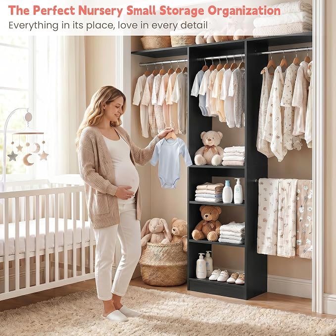 48" Small Closet System, Space-Saving Wall-Mounted Wardrobe Organizer, Mini Garment Rack for Narrow Spaces, Morning Outfit Prep Station & Nursery Dress-up Storage, Black