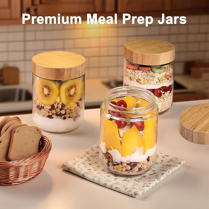 4 Pack 10oz Glass Jars with Bamboo Lids, Overnight Oats Containers with Airtight Lids, Storage Containers Wide Mouth Mason jars for Salad,Yogurt, Sugar, Snacks, Spices