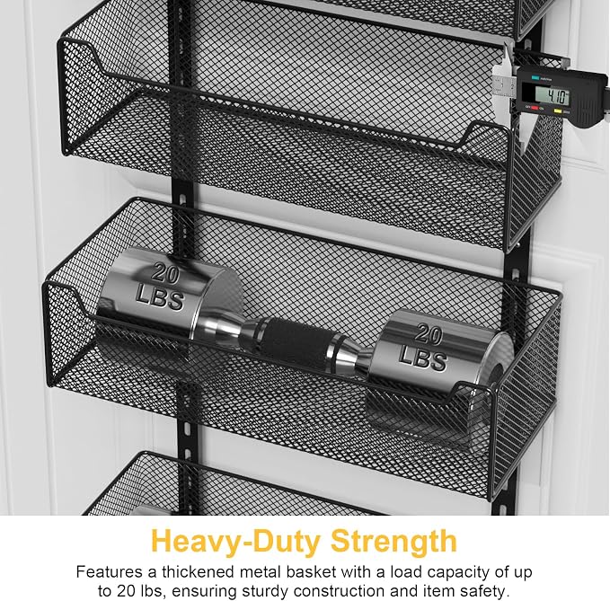 VyGrow Over the Door Organizer, 8-Tier Pantry Organizer with Fully Enclosed Mesh Baskets, Heavy-Duty Metal Hanging Spice Rack for Kitchen Bathroom Laundry Room, 2-in-1 Wall Mount or Door Mount, Black