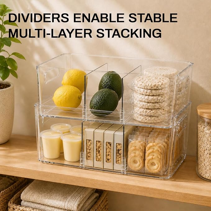 Mpotmiy 10 Pack Pantry Organizers and Storage,Clear Plastic Containers with 2 Dividers for Kitchen,Fridge Organization and Storage,Acrylic Bins for Pounches,Spice Packet,Snack organzier