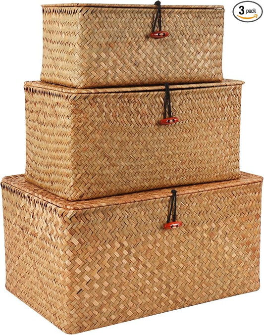 Moosky Wicker Shelf Baskets with Lid,Natural Seagrass Storage Basket Boxes Handwoven Rectangular Baskets Bins Multipurpose Home Organizer Decor (Large+Medium+Small)