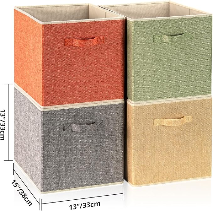 Storage Cube Organizer Bin 13" x 15" x 13" Large Boxes Fabric Basket with Handles for Organizing Shelves Closet Clothes 4 Color Set A