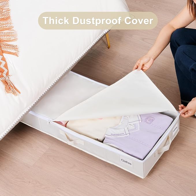 Vincona Under Bed Storage with Wheels, 2 Pack Under Bed Storage Containers with Label Holders for Clothes, Shoes and Blankets, Rolling Underbed Shoe Organizer with Cover, Beige (35.43x15.7x7.28 in)