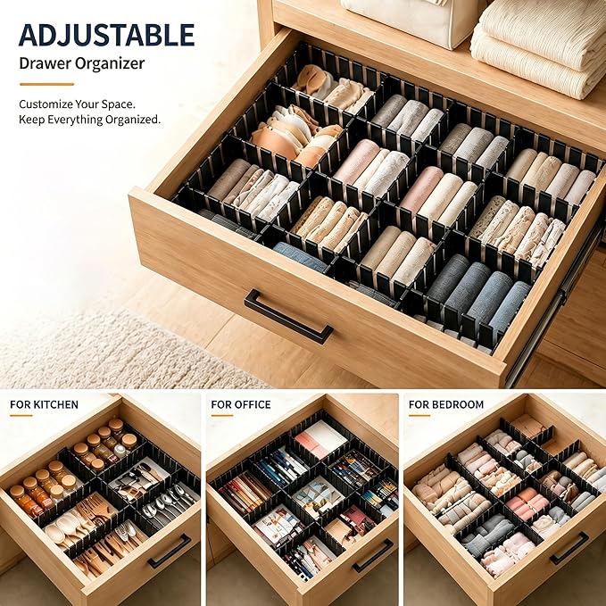 Drawer Divider Adjustable Diy Storage Organizer Separator for Tidying Clutter Cutlery Makeup Clothes of Dresses, Desk & Box in Kitchen Bathroom Bedroom Office (Cut at Will) (Black 8pcs)