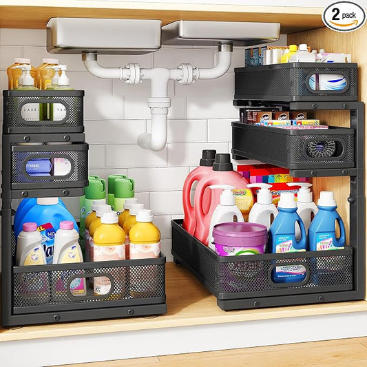 Under Sink Organizer, 3-Tier Thickened Metal Pull out Cabinet Organizer Shelf, Height Adjustable Slide out Storage Drawer Rack for Kitchen Bathroom Pantry Laundry Home Organization, 2-Pack, Black | 35% More Storage Capacity, Carbon Steel, Hold Up 55lbs...