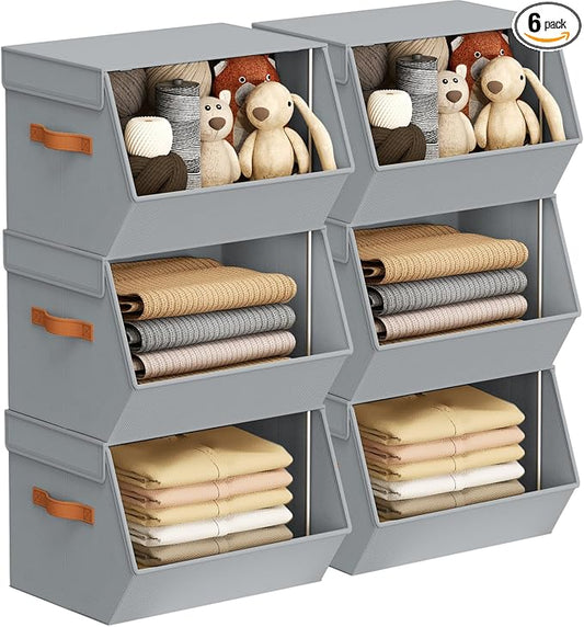 Stackable Closet Organizers and Storage Bins, Open Front Closet Shelf Organizer System With Steel Frame, Clothes Storage Basket Fabric, Collapsible Closet Drawers for Wardrobe, Nursery ,Toy, 6 Pack