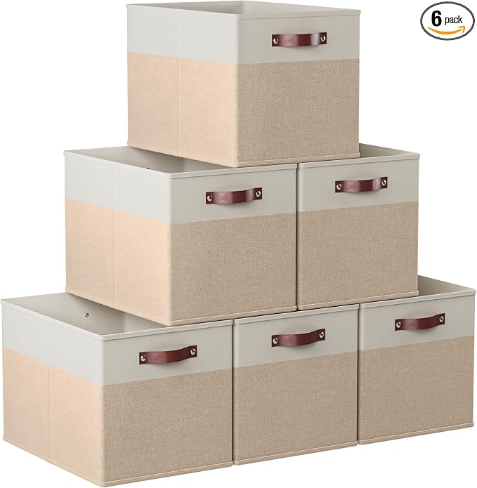 Ornavo Home 13x15x13 Foldable Fabric Storage Cube Bins, 6 Pack, White/Khaki | Collapsible Linen Shelf Basket Organizer; Leather Handles; Fits Cube Storage Shelving Units