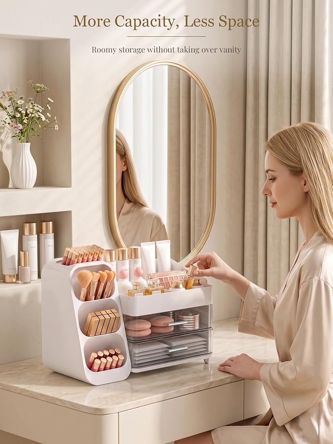 Booklov Large Makeup Organizer for Vanity Countertop, White | Clear Acrylic Cosmetic Display Case, Beauty Brush Holder for Bathroom Counter, Make Up Skincare Lipsticks Storage