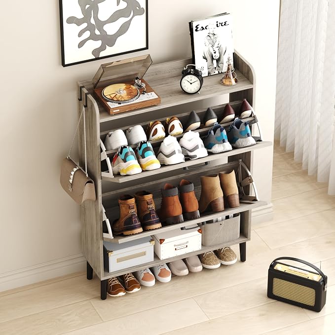 HOMEFORT Shoe Storage Cabinet for Entryway, 30" Freestanding Organizer with Two Flip Drawers, Narrow Hidden Shoe Rack with Wood Legs, Farmhouse Shoe Cabinet for Front Door Entrance,Washed Gray