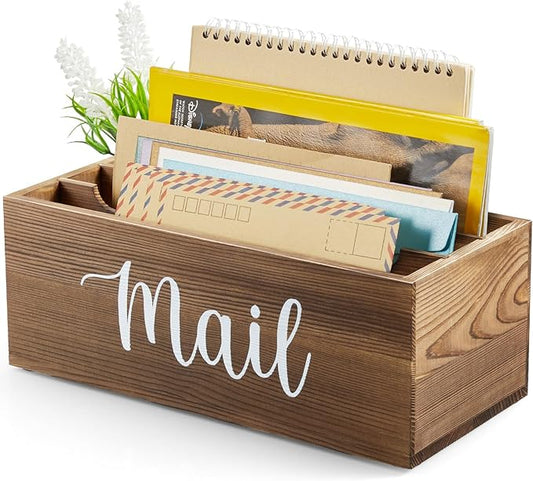 DRASTAR Mail Organizer Countertop, Mail Holder with 3 Slots, Mail Sorter Organizer for Desk, Envelope Holder for Home Office, Burnt Wood