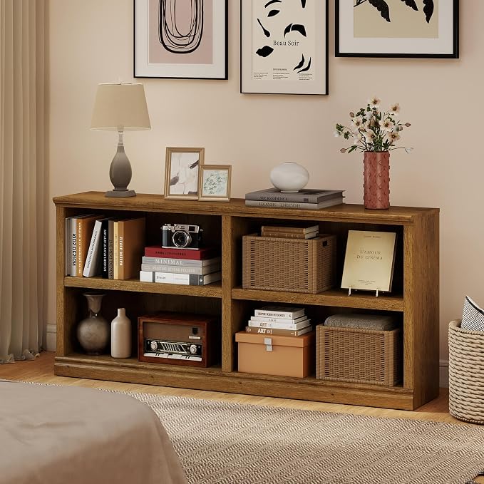 64" W Double Wide Open Shelf Bookcase, 2 Tiers 4 Storage Cube Book Case | Horizontal Bookshelf, Display Cabinet Organizer Indoor Furniture, Home Library Office, Vintage Oak Adjustable Shelf