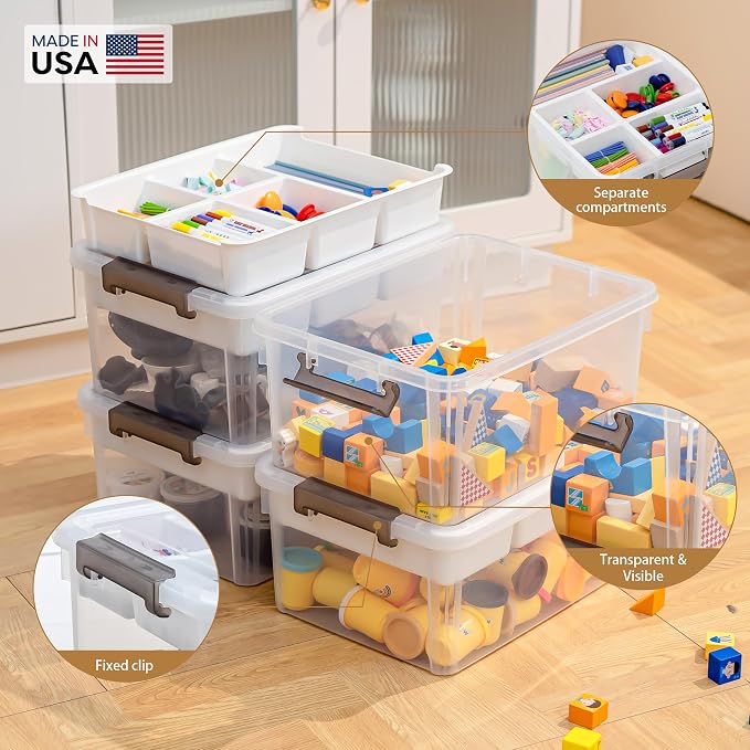 Citylife 17QT 2Packs Clear Craft Organizers and Storage Box with Tray | Stackable Art Supply Organizer Storage Bins with Lids for Beads, Markers, Sewing, Tools, Playdoh, Coloring Books, Made in USA