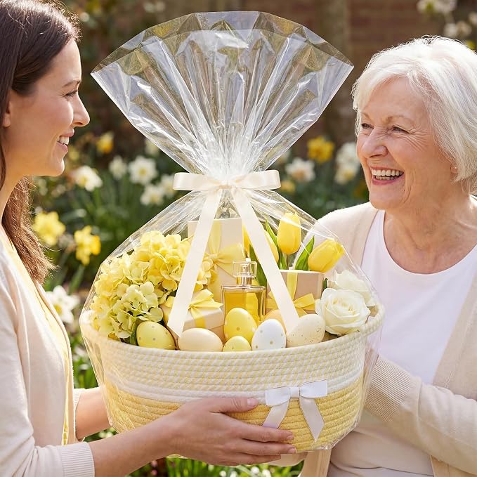 Colingmill 1 Set Woven Empty Basket for Gift,Light Yellow White | with Cellophane Wrap Set, 14 x 10 x 5.5 Inch, Medium Decorative Gift Basket, Cotton Rope Storage Box, Home Decor