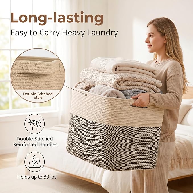 OIASKET 108L Cotton Rope Storage Basket for Living Room and Bedroom 25"x16"x16" Woven Laundry Basket, Heavy Duty Bin for Blankets, Pillows & Toys, Pet-Safe & Scratch-Free, Brown and Black