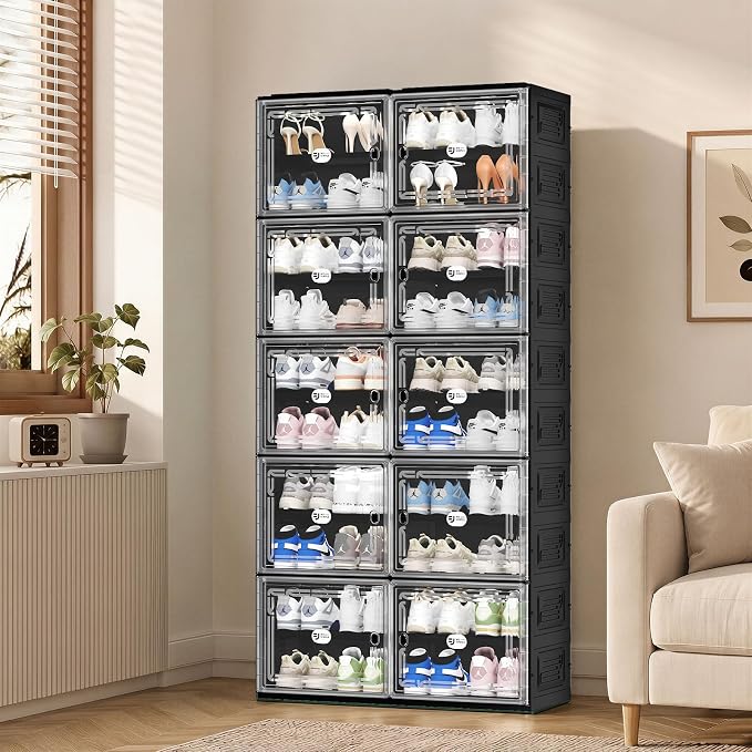 Black Shoe Storage Cabinet for 40 Pairs, Collapsible Plastic Shoe Organizer with Magnetic Clear Doors, 3-Step Tool-Free Assembly for Entryway, Hallway, Apartment and Closet (2Row, 10Tier)