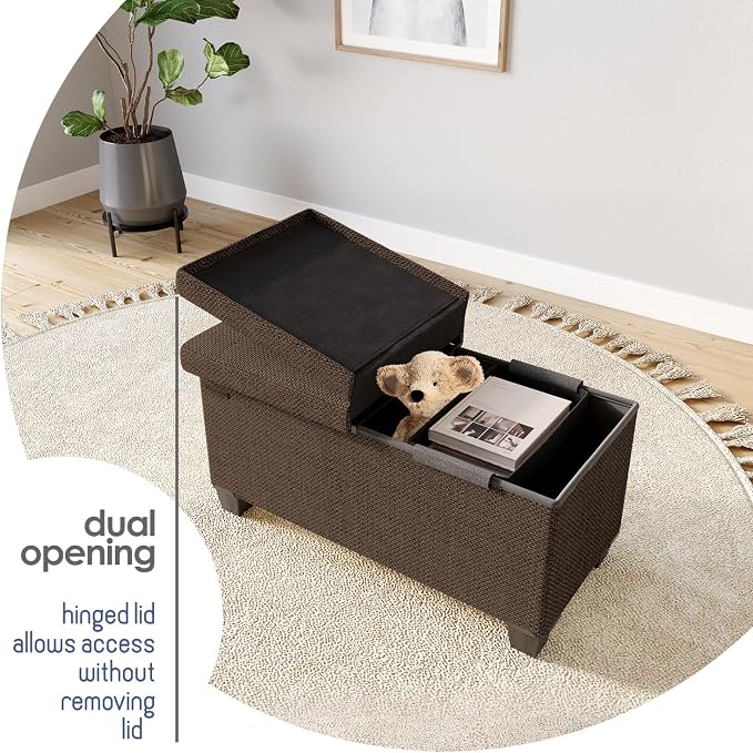 Storage Ottoman Bench with Bins, 30-in Storage Bench for Bedroom End of Bed, Folding Foot Rest Ottoman for Living Room Max 660lbs, Fabric Ottomans, Brown