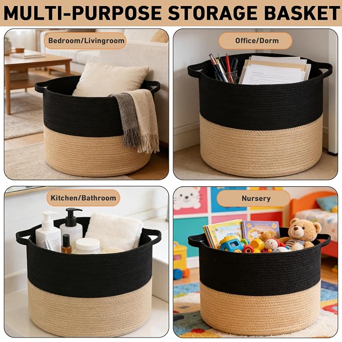 65L Large Blanket Basket,Woven Laundry Basket-Black&Camel | Collapsible, reinforced handles, nursery storage bin organizes clothes, toys and pillows for living room, bedroom bathroom