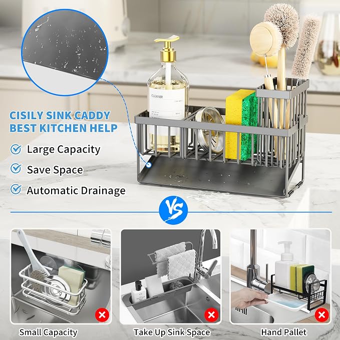 Cisily Sink Caddy Organzier with High Brush Holder, Sponge Holder for Sink, 304 Rustproof Stainless, Kitchen Countertop Soap Dispenser Organizer, Dark Gray Kitchen Decor and Accessories