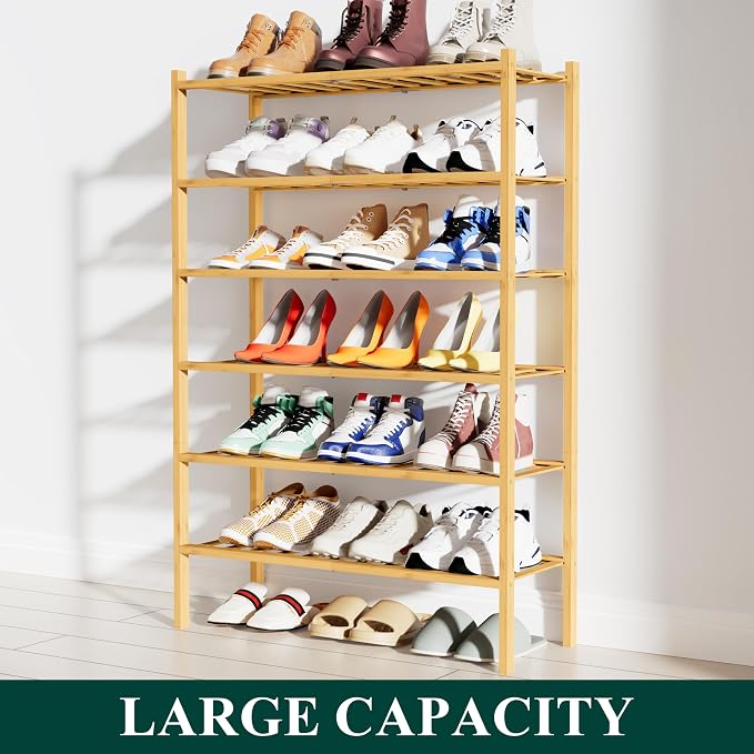 Smiry Bamboo Shoe Rack, 12 Vertical Slats, 6 Tier - 26.8" Wide, Natural | Stackable Free Standing Wooden Shoe Organizer, Wood Shoe Storage Shelf for Closet, Entryway