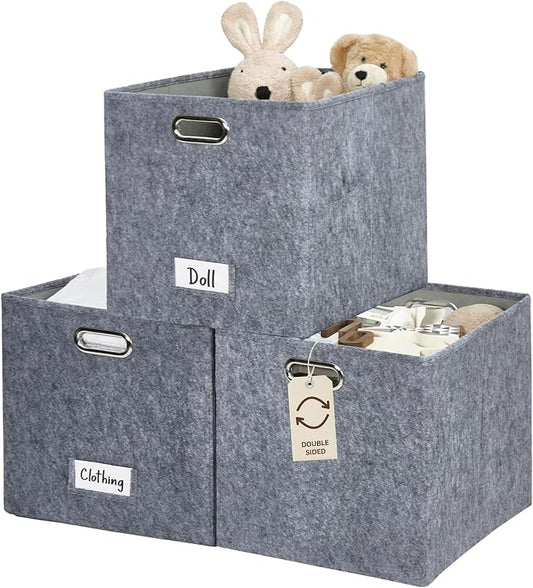 DECOMOMO Felt Storage Bins, 13x15x13 Storage Cube Bins with Labels | 3 Pack Storage Baskets for Shelves, Kallax (Dark Grey)