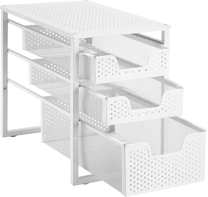 Simple Trending 3-Tier Under Sink Organizer with Sliding Storage Drawer | Metal Cabinet Organizer, Multi-Purpose Desktop Organizer for Kitchen Bathroom Office, Stackbale, Space Saving, White