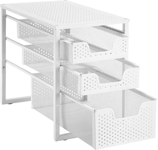 Simple Trending 3-Tier Under Sink Organizer with Sliding Storage Drawer | Metal Cabinet Organizer, Multi-Purpose Desktop Organizer for Kitchen Bathroom Office, Stackbale, Space Saving, White