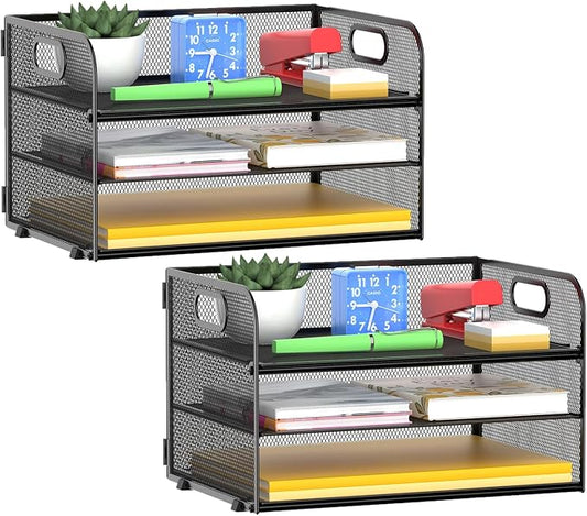 MINDEPOT 3 Tier Paper Organizer Tray with Handle, Mesh Letter Tray 2 Pack | 3 Tier Mesh Letter Tray for Office, Home, School, Black