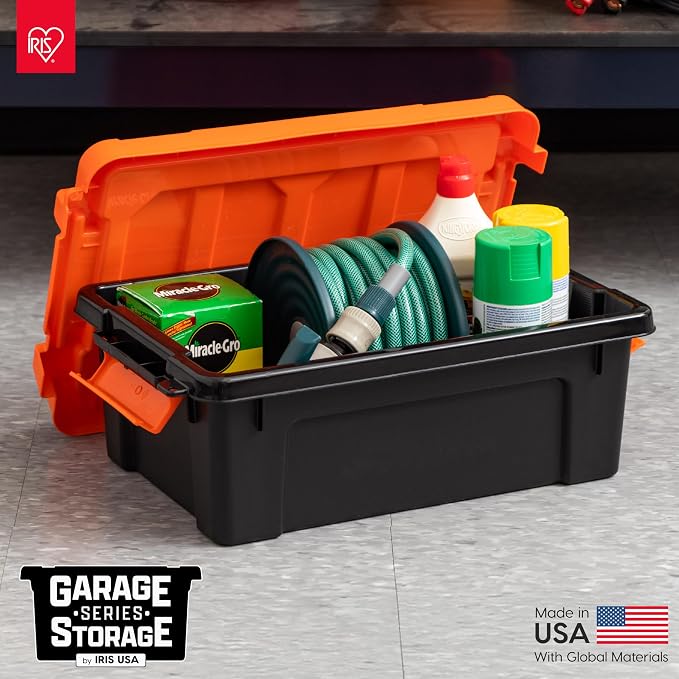 IRIS USA 5-Pack 3 Gal Heavy Duty Lockable Storage Totes with lids, Orange | Built for tools, hardware, emergency supplies and small equipment, Stackable design keeps spaces organized