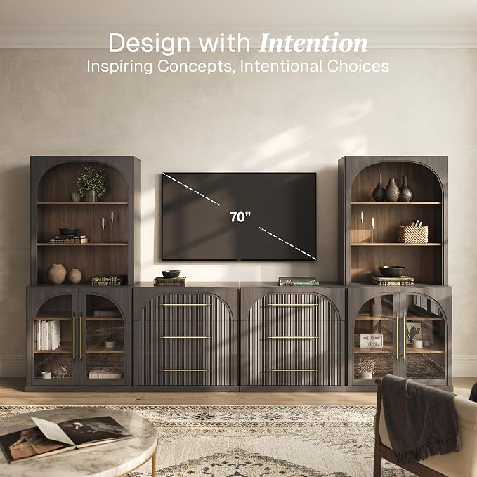 BELLEZE 6-Piece Modular TV Stand Set - 2 Arched Glass Door Sideboards, 2 Sideboards with Drawer, 2 Hutch Cabinets, Classic Modern Media Console Entertainment Center for Living Room (Ebony)