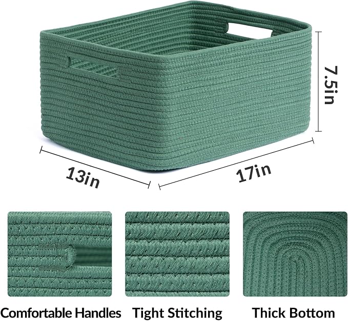 MiniArk Large Storage Baskets for Shelves, 17 x 13 x 7.5” Closet Organizers Bins for Clothes Blanket Towels, Baby Nursery, Toy Baskets Box, Woven Rope Baskets, 3 Packs Green