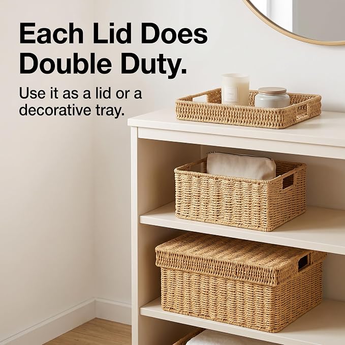 Wicker Storage Baskets with Lids for Shelves, 2-Basket Set, Natural | Two rectangular wicker baskets with removable lids, large and medium, for decorative shelf storage; lids flip into trays.