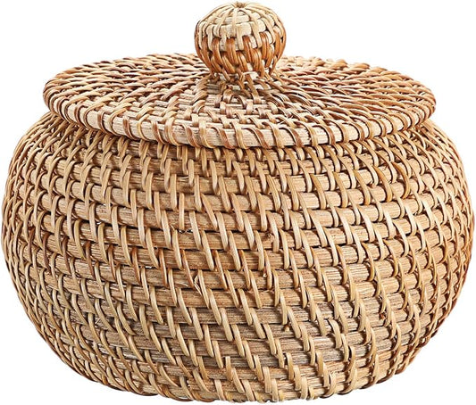 Hipiwe Round Rattan Basket Boxes With Lid Hand-Woven Wicker Storage Baskets Bin Decorative Basket Box Multi-Purpose Picnic Food Bread Basket Small Keys Basket Bowl for Entryway (X-Small,4.7"x3.3")