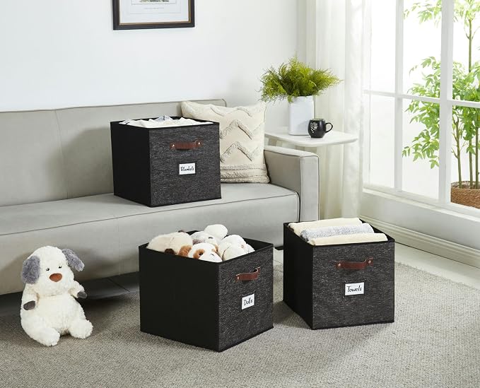 DECOMOMO Storage Bins, Storage Baskets for Shelves | 13" x 15" x 13" Storage Cube Bins with Labels for Organizing Shelves (Kallax, 4pcs, Black Pattern)