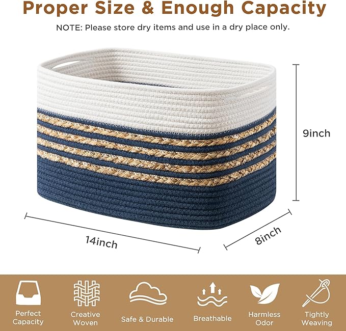 UBBCARE 1 Pack Baskets for Organizing, Woven Storage Baskets for Toys and Towel, Rectangle Cotton Rope Basket with Handles, 14''L x 8''W x9''H, Navy Blue