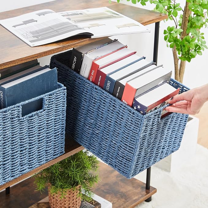 Vagusicc Wicker Storage Basket, Set of 2 Hand-Woven Paper Rope Wicker Basket, Large Storage Baskets for Organizing Toilet Paper, Foldable Cube Storage Organizer Bins for Shelves (Blue)