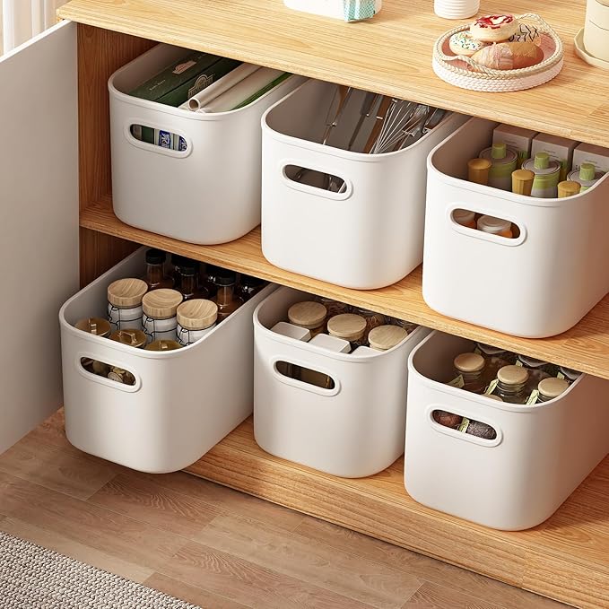 6 Pack White Storage Bins with Lids Stackable Storage Container for Organizing, Small Storage Boxes with Handle for Shelves, Cute Organizer Bins for Craft, Snacks, 9.85x6.9x5.7 inch