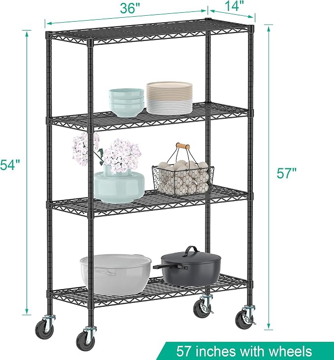 Folews 4-Tier Shelving Unit with Wheels, Metal Rolling Storage Shelves | NSF Certified, Adjustable Layer, Steel Wire Shelving Rack for Kitchen Garage Pantry Home Office, Black (14D x 36W x 57H)