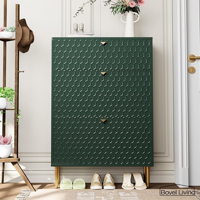 Boyel Living Modern 3 Flip Drawers Free Standing Shoe Racks,Shoes Cabinet with Brass Knobs and Legs, 24 Pair for Entryway (Green)