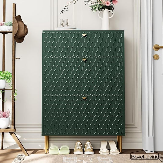 Boyel Living Modern 3 Flip Drawers Free Standing Shoe Racks,Shoes Cabinet with Brass Knobs and Legs, 24 Pair for Entryway (Green)