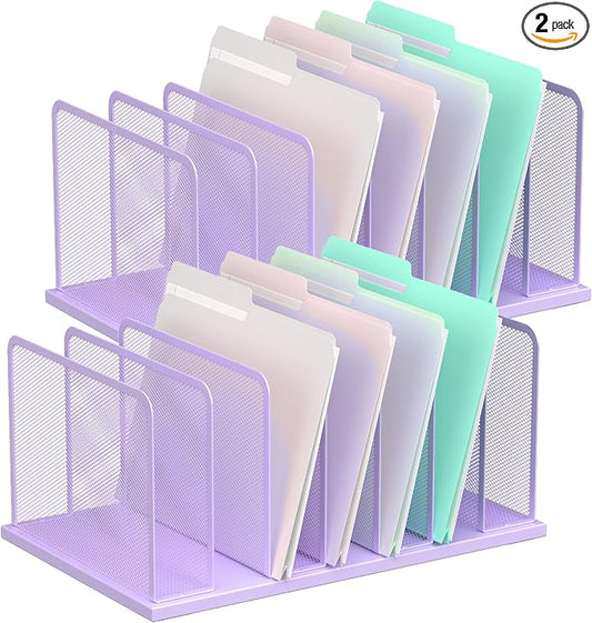 Kuntine.B 7-Section Upright Desk File Organizer Purple 2 Pack | Vertical, Mesh, Metal, Assembly, Stability, Sturdiness, Organization, Standing