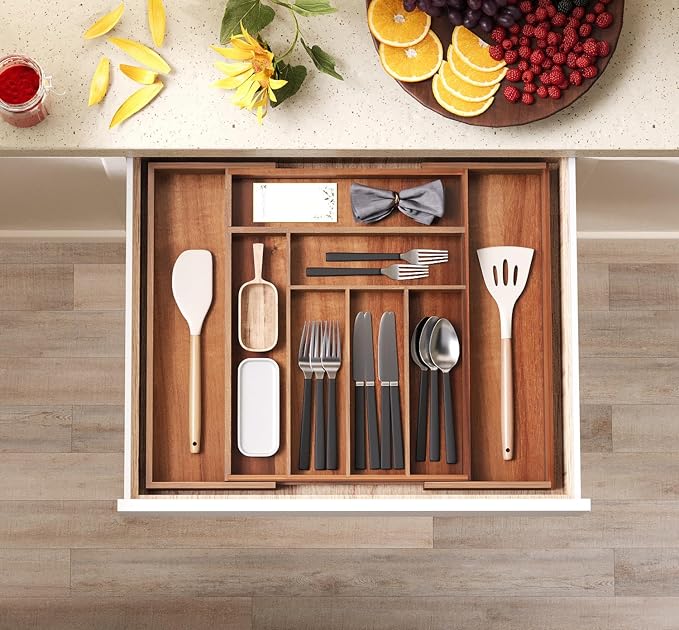 Fibogollo Expandable Large Acacia Wood Silverware Organizer，6-8 Slots | Adjustable Drawer Organizer,Flatware and Utensils Organizer Tray,Utensil Holder（16.9-22.2 x 13.4 x 2 inch）