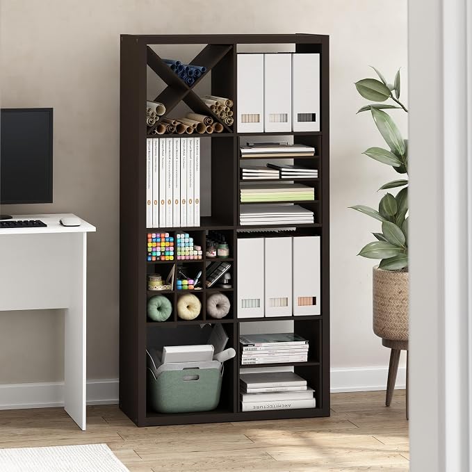 Furinno Cubicle X-Shelf Cube Insert, Cube Organizer, Dark Oak | 13.3W x 13.4H, Fits into Furinno Extra Thick Cubes, for Organizers and Storage (Does not fit IKEA Kallax Shelving)