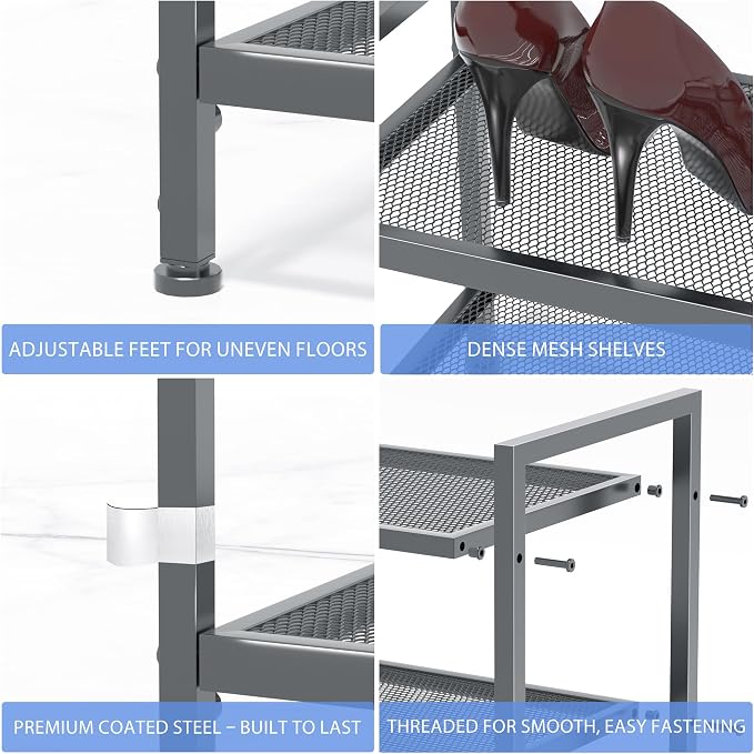Shoe Rack, Expandable Shoe Rack for Closet, Adjustable Shoe Organizer for Entryway, Shoe Storage Organizer for Door Entrance, Garage, Bedroom (Grey, 3-Tier)