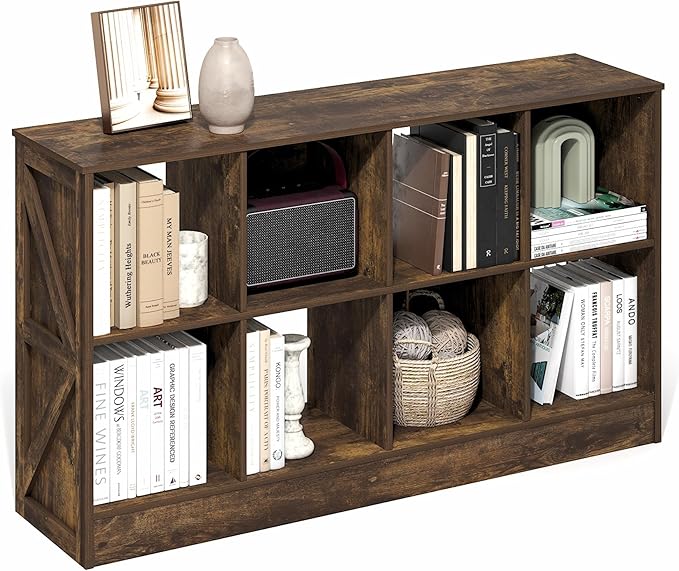 Furinno Jensen Book Shelf, 8-Cube Farmhouse Bookshelf, Display Bookcase, 11.8 x 47.6 x 26.8, for Living Room, Bedroom, Home Office, Amber Pine