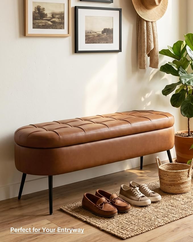 Storage Ottoman Bench, 43.7"PU Leather End of Bed Bench Walnut Brown | Bench with Large Hidden Storage, Tufted Upholstered Seat, Metal Legs, Mid-Century Modern, For Bedroom, Entryway, Living Room